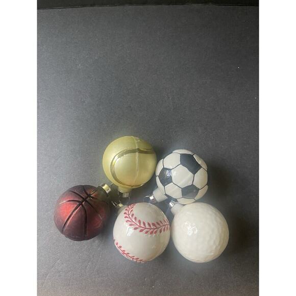 Glass Hand Blown Sports Balls Ornaments Baseball Soccer Basketball Golf Set Of 5 - Picture 2 of 4